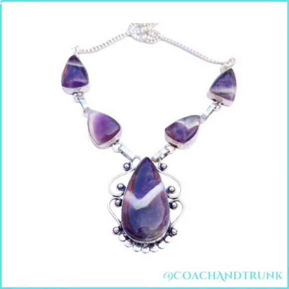 5 Natural Chevron Amethyst Handcrafted Scrollwork Silver Adjustable Length NEW - Picture 3 of 5
